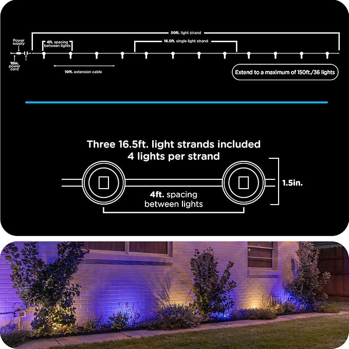 Enbrighten Vibe Eternity Garden Lights, 50ft, 12 RGBWIC LEDs, Waterproof, Uplights, Outdoor Landscape Lighting, Home Exterior Spotlight, Smart App, Works with Alexa, Google Home, 83790 - Image 7