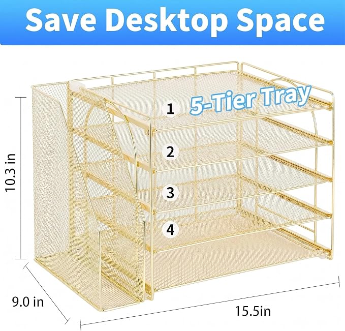 OPNICE Desk Organizer, 5-Tier Paper Organizer Letter Tray with Magazine Holder, Office Desk Accessories & Workspace Organizers, Desktop File Organizer for Office Supplies Storage, Gold - Image 5