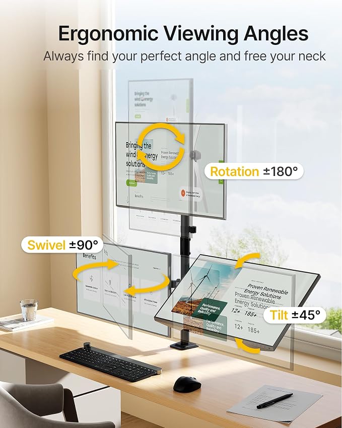monTEK Triple Monitor Stand for 17-32" Screens, 22 lbs Each | Three-screen desk mount, height adjustment, tilt, swivel, rotation, clamp/grommet bases and VESA 75/100 - Image 4
