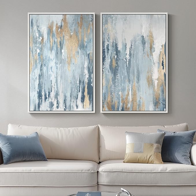 Large White Framed Blue and Gold Abstract Canvas Wall Art for Living Room, 2 Piece Modern Minimalist Prints Paintings Artwork for Walls, Glitter Pictures for Hallway Dining Bedroom Wall Decor 24x36 In by Cuspin