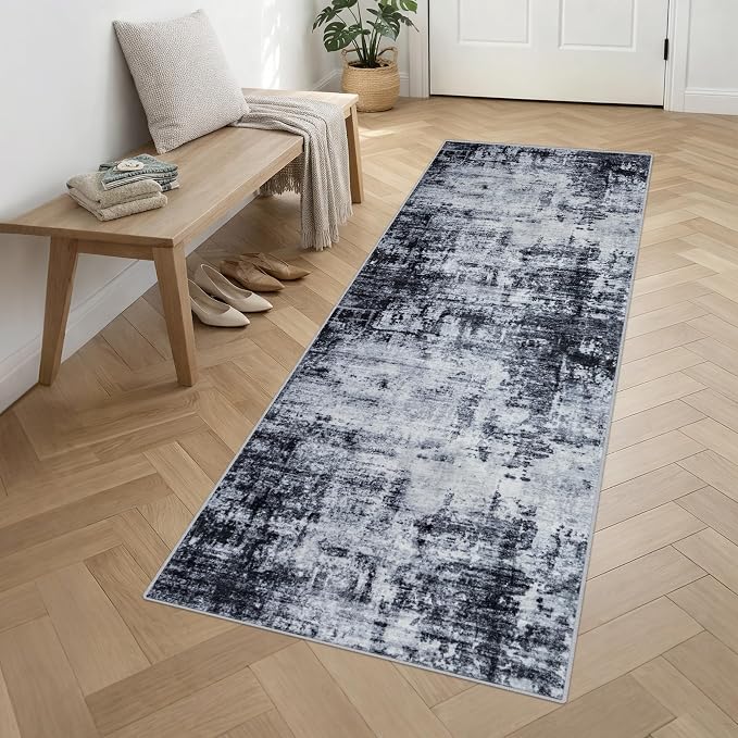 Washable Area Rug 3x10 Entryway Rug: Washable Modern Abstract Soft Thin Rug Indoor Floor No Slip Stain Resistant Carpet for Bedroom Dining Room Farmhouse Nursery Home Office - Dark Black - Image 3
