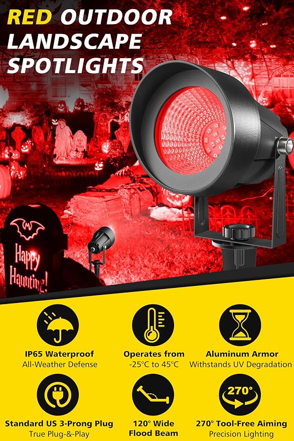 T-SUN Red Spotlight Outdoor, Waterproof LED Landscape Lighting with US Plug, Easy Install 270° Adjustable Outdoor Spot Lights for Garden Tree Yard Decor - Image 2