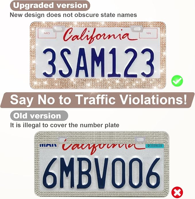 QUANQIUFEI 2 Pack Bling License Plate Frames for Women, Sparkly Rhinestone Diamond Car Accessories with Glitter Crystal Caps (Champagne) - Image 4