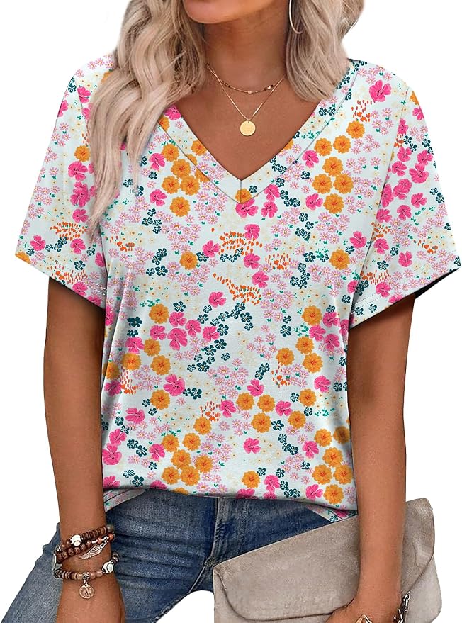 Alaroo Womens Summer Tops 2026 V Neck Short Sleeve Shirts Trendy Dressy Casual Vacation Outfits Printed by Alaroo