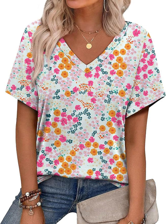 Alaroo Womens Summer Tops 2026 V Neck Short Sleeve Shirts Trendy Dressy Casual Vacation Outfits Printed by Alaroo