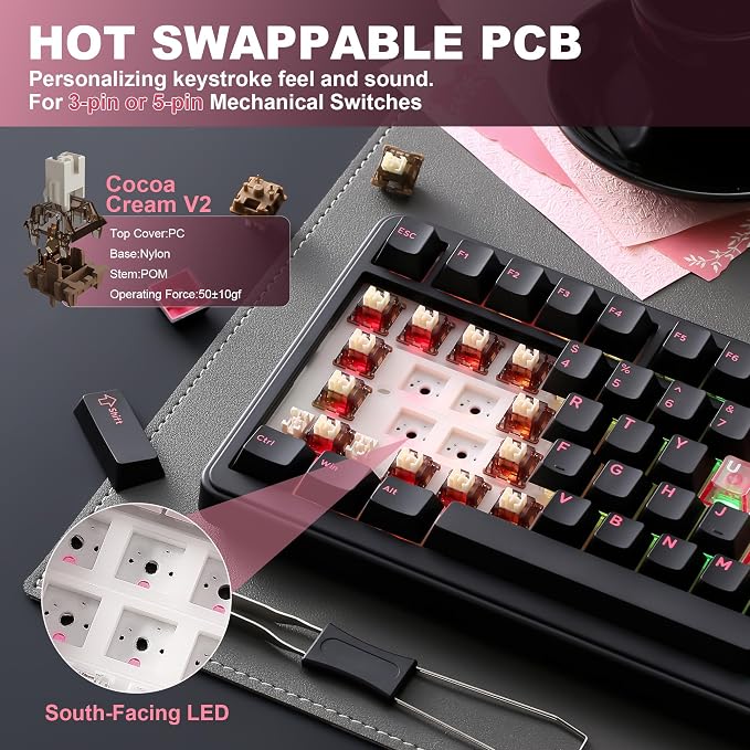 YUNZII B75 PRO 75% Wireless Mechanical Keyboard (Black Heart, CocoaV2) | Hot Swap Keyboard with Knob, Gasket Mount, Creamy Pre-lubed Switch for Smooth Typing, BT/USB-C/2.4G, for Gaming - Image 5