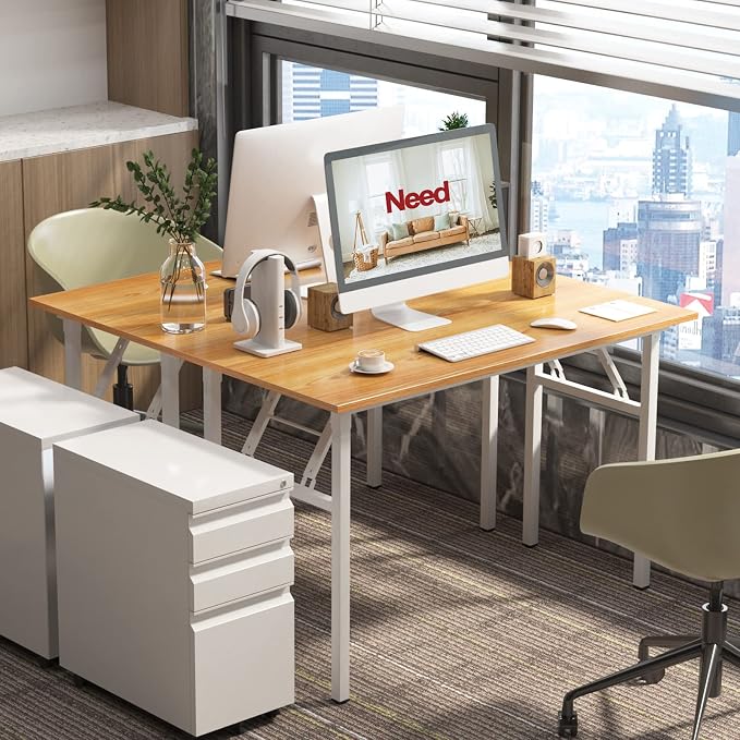 Need Office Computer Desk 47.2x23.6 in Sturdy Folding Laptop Table Teak | White Frame Writing Gaming Work Table/Foldable Home Office Desk/Sewing Table, No Assembly Required - Image 2
