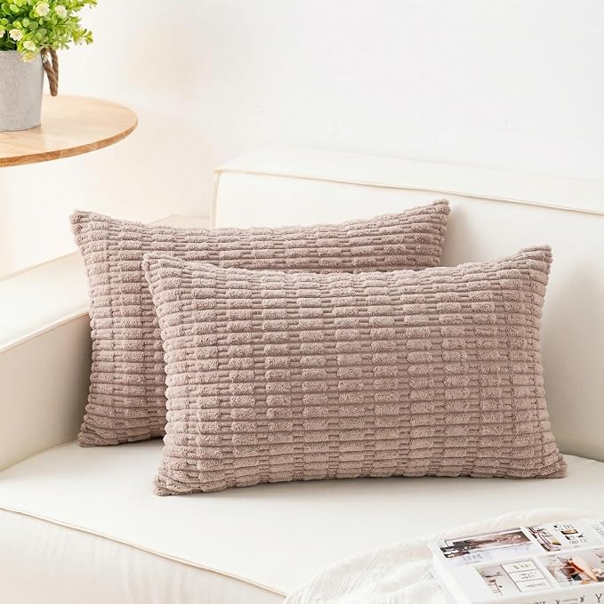 Aegero Pack of 2 Corduroy Decorative Throw Pillow Covers 12x20 Inch Soft Striped Pillow Covers Modern Farmhouse Home Decor for Sofa Living Room Couch Bed（Light Brown） by Unknown
