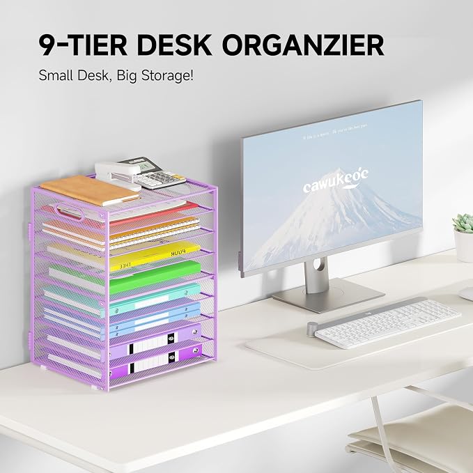 Cawukege 9 Tier Paper Organizer with Handle, Purple Large Capacity Desk Organizer Mesh File Folder Letter Paper Tray Desktop Document Sorter for Classroom, School, and Office Accessories Organization - Image 2