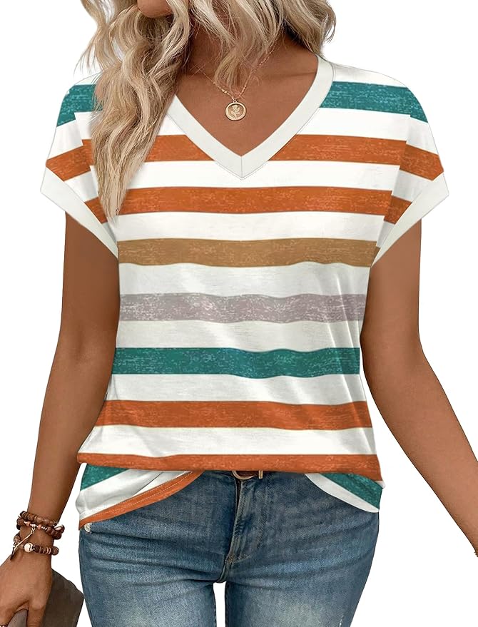 WIHOLL Womens Summer Tops 2026 Cap Short Sleeve Shirs V Neck T Shirts Fashion Beach Vacation Clothes Color Block - Image 2
