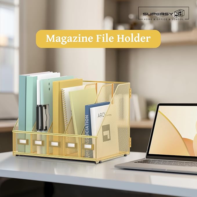 SUPEASY Desk Organizers Metal Desk Magazine File Holder with 5 Vertical Compartments Rack File Organizer for Office Desktop, Classroom, Home Workspace, Gold - Image 2