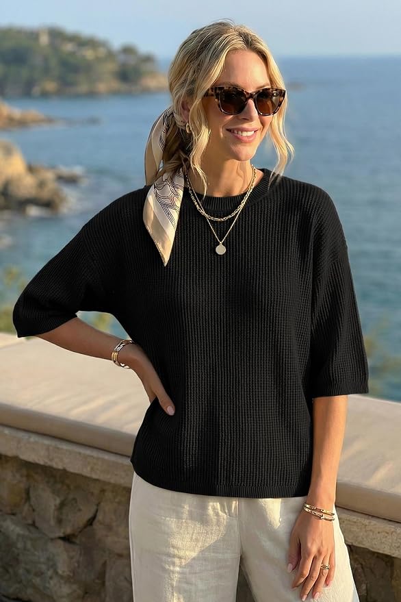 Arach&Cloz Womens Summer 100% Cotton Oversized Crochet Tops 3/4 Length Sleeve Sweater Hollow Out Casual Blouses 2026 - Image 4
