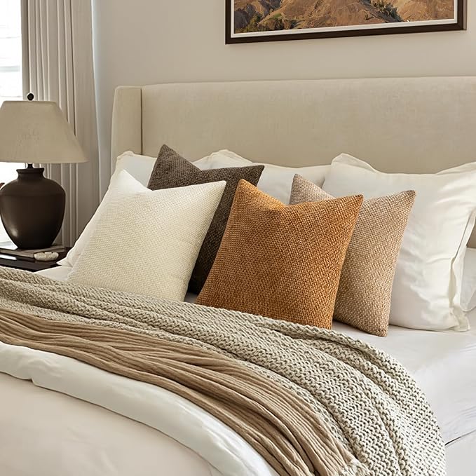 MIULEE Pack of 4 Brown Couch Throw Pillow Covers 18x18 Inch Soft Decorative Chenille Pillows Farmhouse Accent Cushions for Boho Fall Home Decor Sofa Bedroom Living Room - Image 4