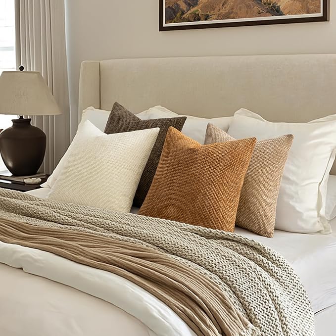 MIULEE Pack of 4 Brown Couch Throw Pillow Covers 24x24 Inch Soft Decorative Chenille Pillows Farmhouse Accent Cushions for Boho Fall Home Decor Sofa Bedroom Living Room - Image 4