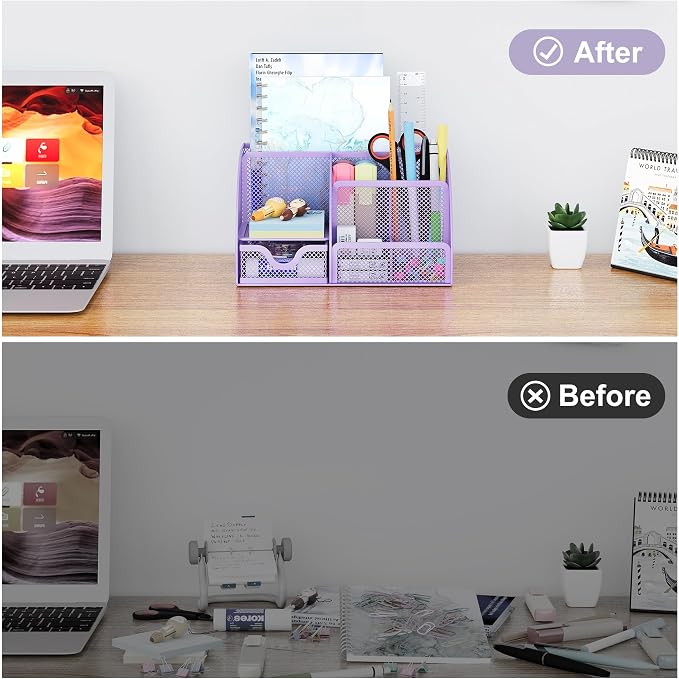 EasyPAG Mesh Desk Organizer with Drawer Multi-functional Pen Holder Stationery Organizer for Office School Supplies 6 Compartments Dorm Organizers and Storage for Desk, Light Purple - Image 5