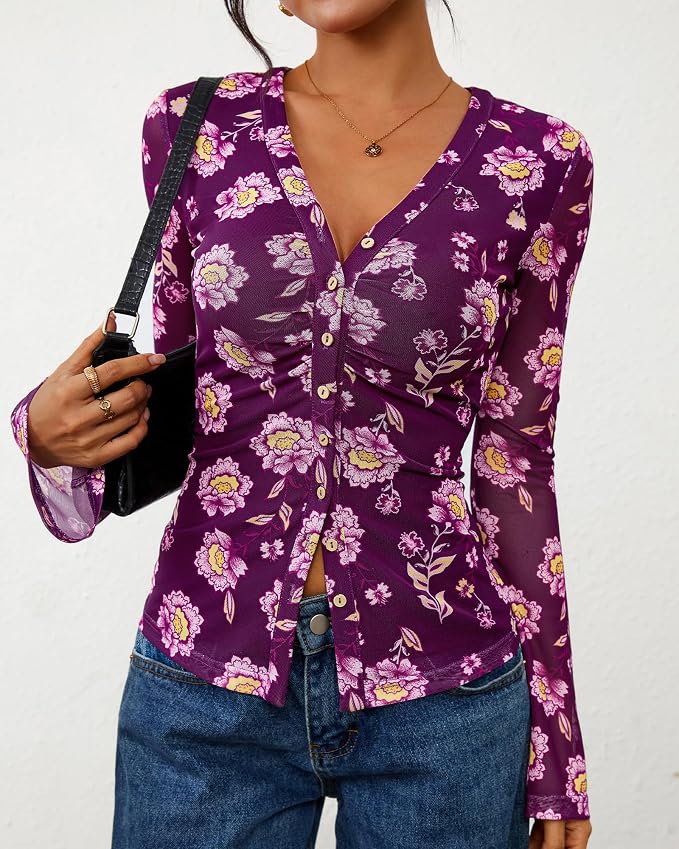 BTFBM Button Down Shirts for Women 2026 Fall Boho Tops V Neck Long Sleeve Blouses Ruched Mesh Fitted Fashion Clothing - Image 8
