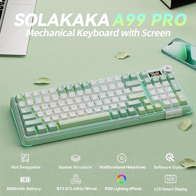 SOLAKAKA A99 Pro Wireless Mechanical Keyboard with BT5.0/2.4GHz/USB-C, LCD Screen & Metal Knob, Gasket-Mounted Gaming Keyboard, Full Hot-Swappable, RGB Creamy Keyboard for Win/Mac - Image 2