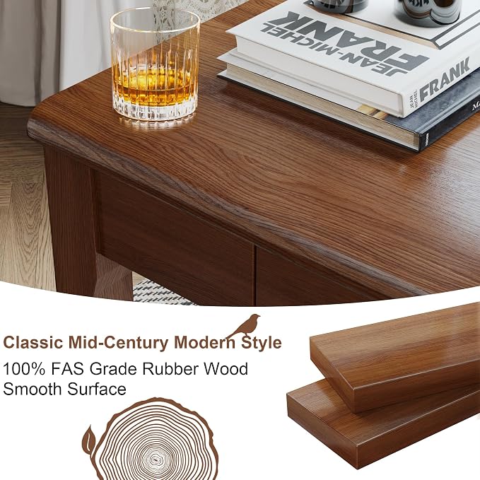 Wood Desk with Drawers - Solid Wood Mid Century Modern Desks for Bedroom, Small Computer Desk for PC, Laptop, Study, Makeup, 39.4 W x 29.5 H x 15.75 D in, Walnut Color - Image 5