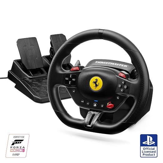 Thrustmaster T98 P Ferrari Licensed Racing Wheel & Pedal Set - PS5 & PC | 240-degree rotation, bungee-cord resistance, paddle shifters, 3 driving modes, Hall-Effect sensors, tool-free desk clamp by Unknown