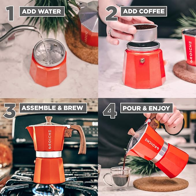 GROSCHE Milano Stovetop Espresso Maker Moka Pot 9 espresso Cup 15.2 oz Red | Cuban Coffee Maker And Italian Moka Pot For Stovetop Espresso; For Gas, Electric, And Propane Stoves With A Soft-Touch Handle - Image 6