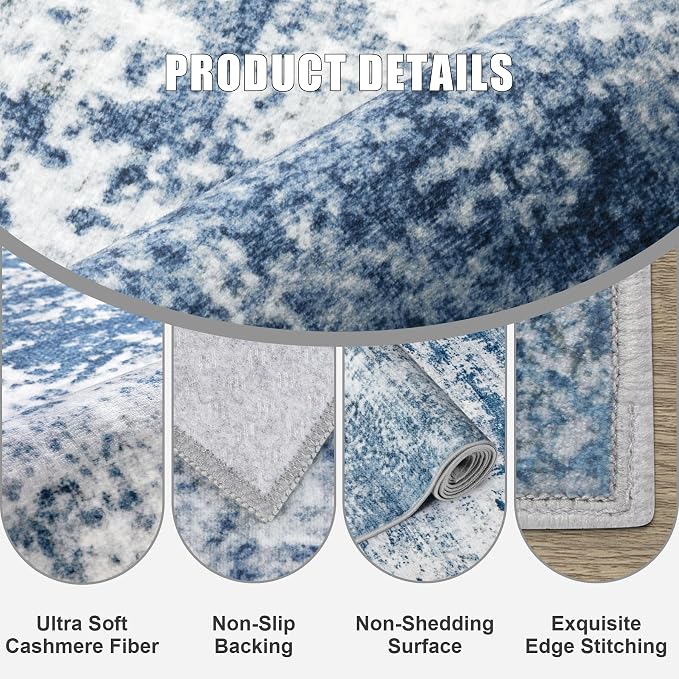 5x5 Area Rug Living Room Rug: Washable Modern Abstract Soft Thin Rug Indoor Floor No Slip Stain Resistant Carpet for Bedroom Dining Room Farmhouse Nursery Home Office - Blue - Image 6