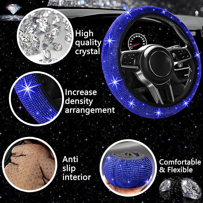 NBTEPEM 27 PCs Blue Bling Car Accessories Set for Women, Steering Wheel Covers Universal Fit 15 Inch, Bling License Plate Frame, Bling Phone Holder, Bling Car Coasters (Blue Diamond) - Image 3