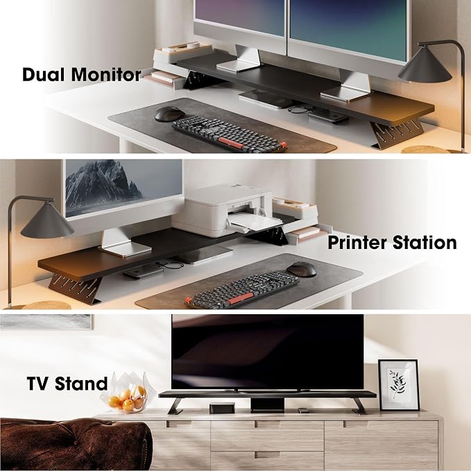 Fenge Dual Monitor Stand Riser, 42.5 Inch Desk Top Shelf for 2 Monitors, Computer Stands for Desk, Wood & Steel Desktop Riser for Laptop, PC, Printer - Image 7