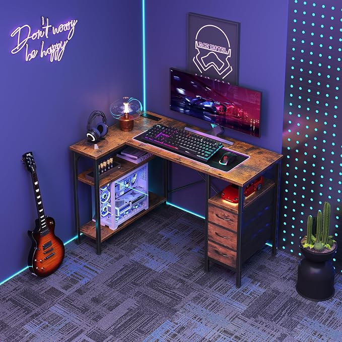 DUMOS L Shaped Desk with Drawers, Gaming Desk, 47 Inch | Power Outlet, Study Table, Adjustable Shelves, Home Office, Corner Computer Workstation, Bedroom, Brown - Image 8