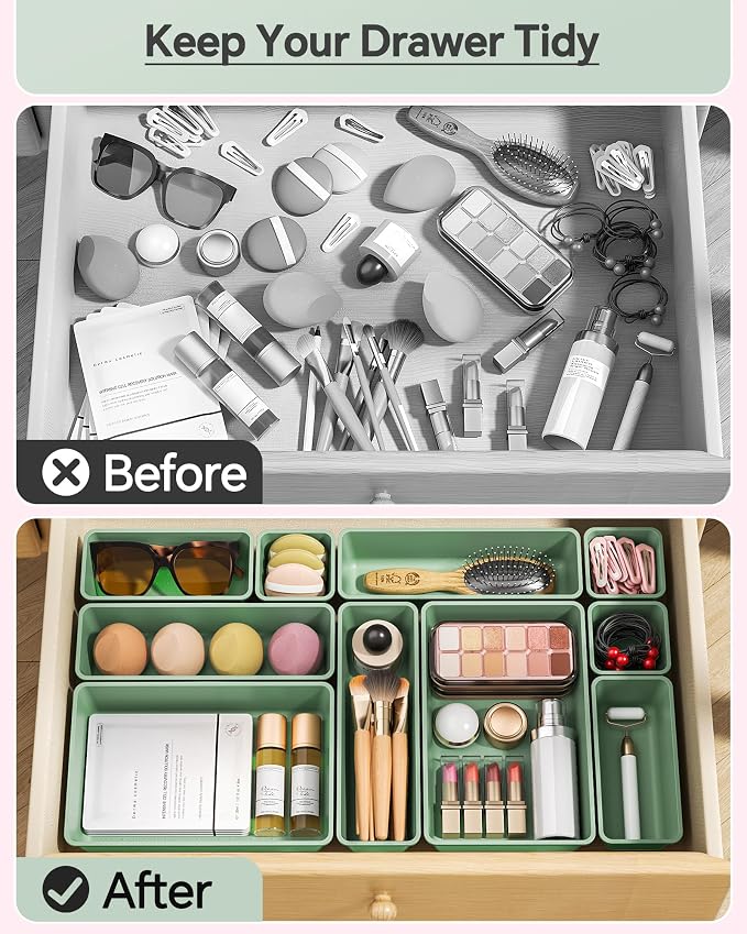 KEMETHY 25 PCS Plastic Drawer Organizers Set, 4 Sizes Vanity Organizer, Makeup and Desk Drawer Organizer Trays, Organization and Storage for Makeup, Bathroom, Kitchen Utensils and Office (Green) - Image 3
