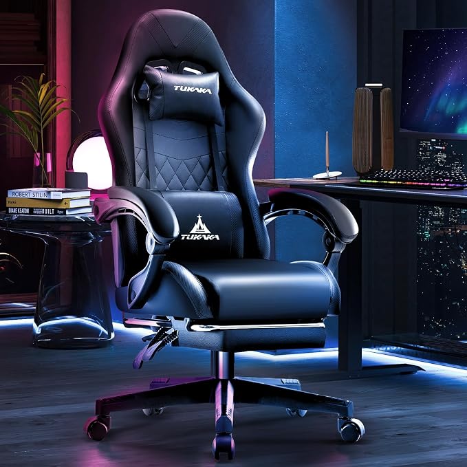 Gaming Chair,Ergonomic Massage Office Desk Chair with Footrest,Black | Pocket Spring Cushion,Reclining,Thick High Back,Headrest and Lumbar Support,Adjustable Leather Computer Chair Gamer Chair - Image 2