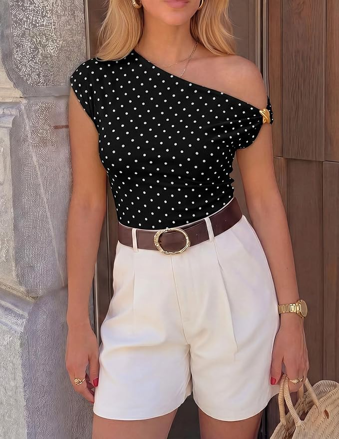 ZESICA Women's 2026 Summer Off Shoulder Tops Going Out Sexy Y2k Shirts Spring Cap Sleeve Ruched Asymmetrical Blouses - Image 4