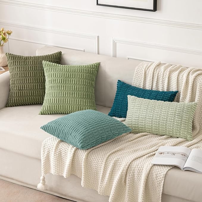 MIULEE Pack of 2 Corduroy Decorative Throw Pillow Covers 16x16 Inch Soft Boho Striped Pillow Covers Modern Farmhouse Home Decor for Summer Sofa Living Room Couch Bed Teal Green - Image 4