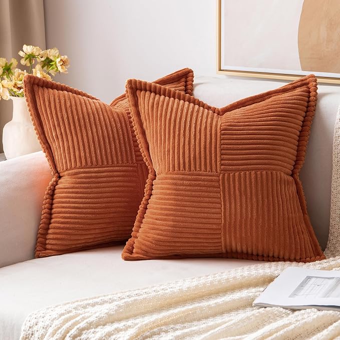 MIULEE Fall Rust Decorative Throw Pillow Covers for Couch Bed Livingroom 12x12 Inch Set of 2 Boho Accent Throw Pllows Broadside Striped Patchwork Soft Corduroy Pillowcases, Terracotta by MIULEE