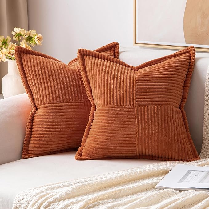 MIULEE Rust Fall Corduroy Decorative Euro Sham Pillow Covers 24x24 Inch with Splicing Set of 2 Soft Boho Pillow Covers Broadside Textured Summer Pillowcases for Couch Bed Livingroom by MIULEE