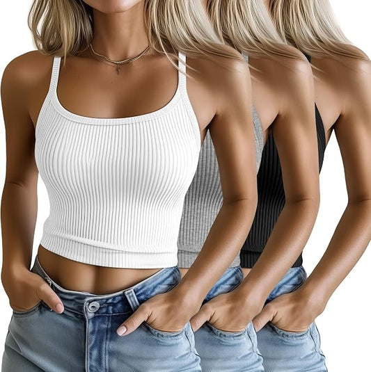 Ficerd 3 Pack Women's Tank Tops 95% Cotton Spaghetti Strap Ribbed Crop Camisole Slim Fitted Basic Summer Sleeveless Layer by Ficerd