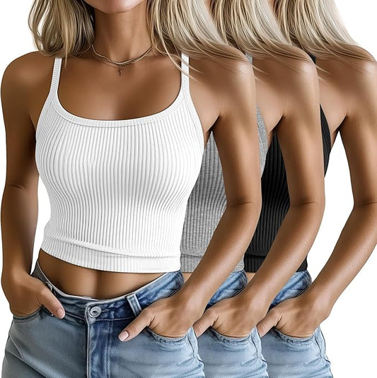 Ficerd 3 Pack Women's Tank Tops 95% Cotton Spaghetti Strap Ribbed Crop Camisole Slim Fitted Basic Summer Sleeveless Layer by Ficerd