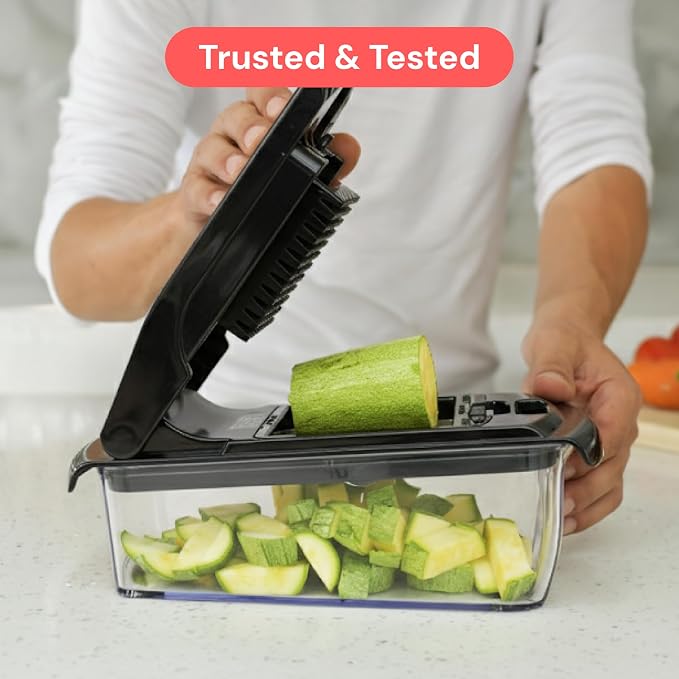 Fullstar Pro Original Vegetable Chopper & Mandoline Slicer Kitchen Gadget | 6 in 1 Veggie Slicer, Onion & Fruit Cutter with Sharp Stainless Steel Blades & Container, All-in-One Meal Prep Tool (Black) - Image 8