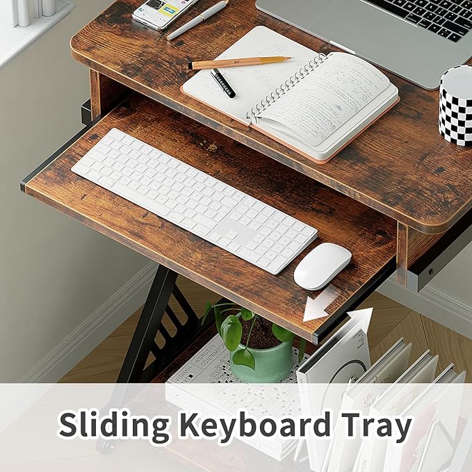 ALISENED Computer Desk for Small Spaces, 23.6" Z-Shaped Compact Study Table with Smooth Keyboard Tray with Wheels and Bottom Shelves for Home Office, Computer Cart Mobile Laptop Cart, Rustic Brown | 23.6" Z-Shaped, with Wheels and Bottom Shelves, for H... - Image 4