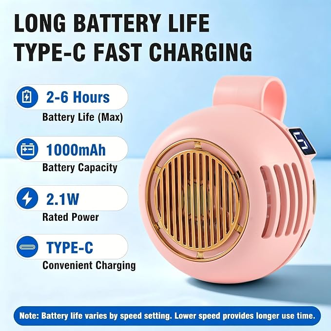 Wearable Waist Fan Rechargeable, 360° Rotating Clip-On Personal Fan 5-Speed Bladeless Portable Cooling Fan for Shirt, Outdoor Work, Construction, Camping, Gardening,Office, Travel Essentials Cute Pink - Image 3