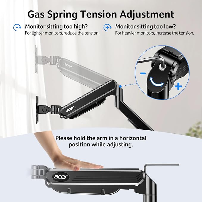 Acer Dual Monitor Arm, Computer Desk Arm with VESA Mounts for 17–32″ Screens, Fully Adjustable Gas Spring Monitor Stand, C-Clamp and Grommet Mounting Base, Fits 4.4 to 19.8lbs Computer Monitors - Image 4