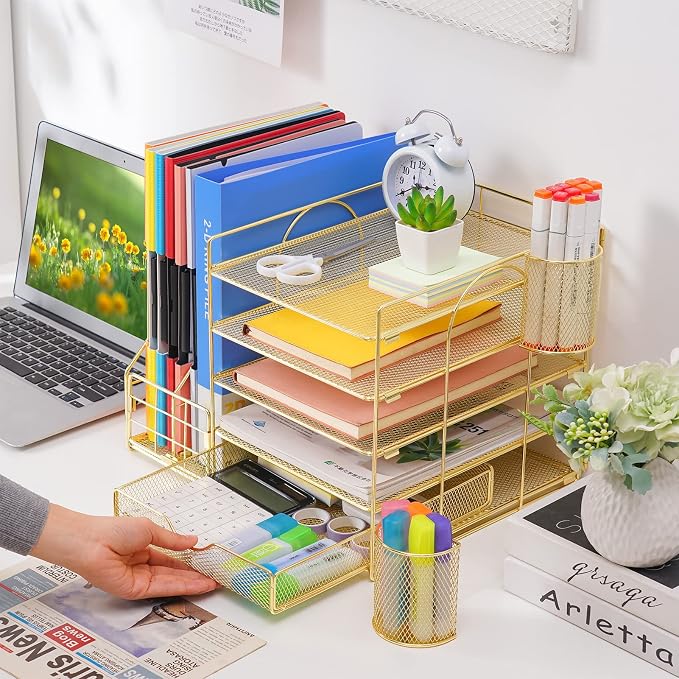 Marbrasse Desk Organizer with File Holder, 5-Tier Paper Letter Tray Organizer with Drawer and 2 Pen Holder, Mesh Desktop Organizer and Storage with Magazine Holder for Office Supplies (Gold 2p) - Image 5