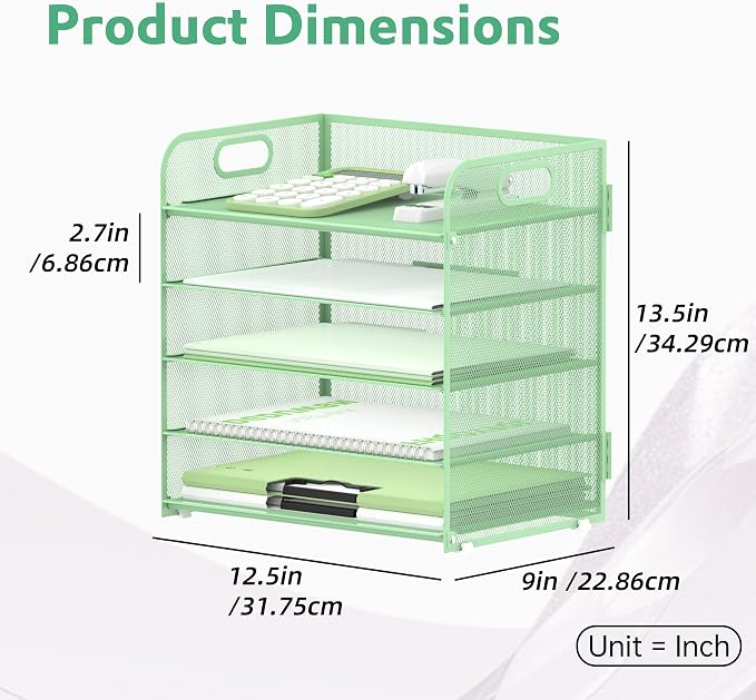 Supeasy 5 Trays Paper Organizer Letter Tray with Handle-Mesh Desk File Holders, Paper Sorter Desk Organizer for Office, Home, Classroom or School(Mint Green) - Image 2