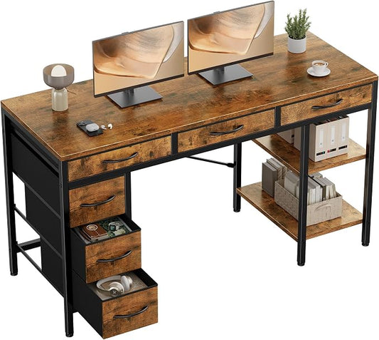 Sweetcrispy 55" Computer Desk with 6 Fabric Drawers & Storage Shelves | Reversible Gaming Desk, Office Desk, Computer Workstation, Corner Desk with Storag, Home Office, Living Room, Rustic Brown by Sweetcrispy