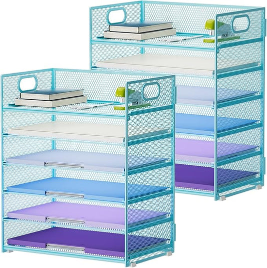 Marbrasse 2 Pack Desk Organizer with Handle, 6 Tier Paper Letter Tray, Mesh Desk File Organizer for Office, School and Home - Blue by Marbrasse