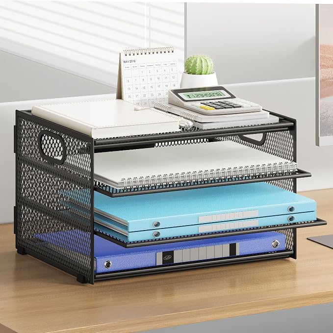 Subekyu Paper Letter Tray Organizer for Desk, Black Metal Mesh Desk File Sorter Organizer with Handle and 2 Sliding Trays for Home Office School Supplies Organization - Image 2