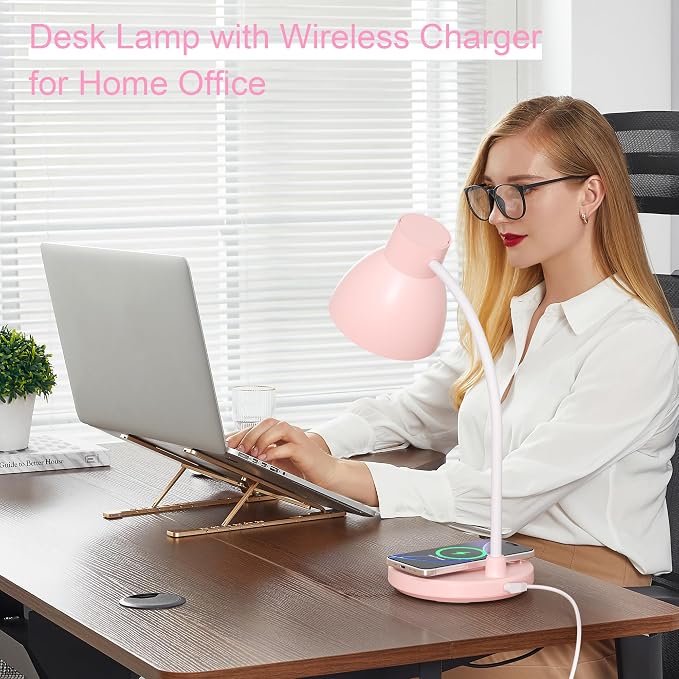 LED Desk Lamp for Home Office with Wireless Charger, Pink | 3 Color Modes Dimmable Eye-Caring Study Reading Dorm Desk Lamp, 360° Flexible Arm Table Lamp for College Dorm Room, 800 Lumen - Image 6