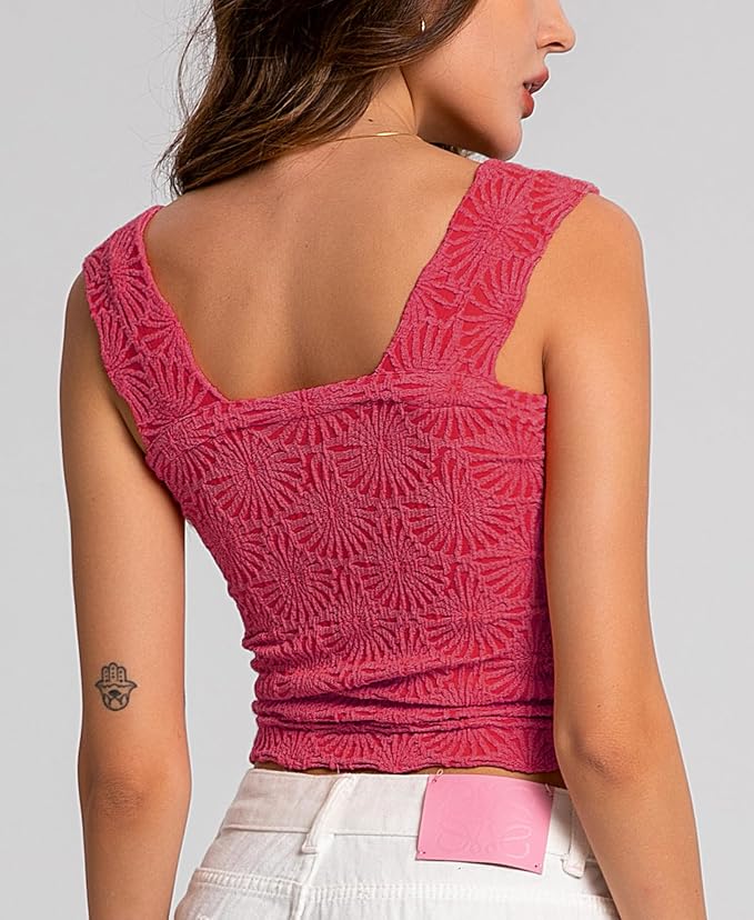 Women's Square Neck Wide Strap Crop Tank Tops Flower Going Out Tops Slim Fit Lettuce Trim Crop Cami Tops - Image 3