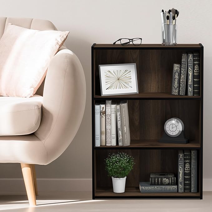 Furinno PASIR Book Shelf, 3-Tier Bookshelf, Storage Shelves Bookcase, 9.7 x 23.7 x 31.5, for Living Room, Bedroom, Home Office, Columbia Walnut - Image 2