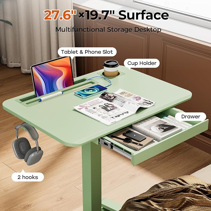 28" Mobile Standing Desk with Drawer, Portable Laptop Desk | Rolling Desk with Cup Holder and Hooks, Height Adjustable Computer Cart with Storage, Lockable & Hidden Wheels, Sage Green - Image 3