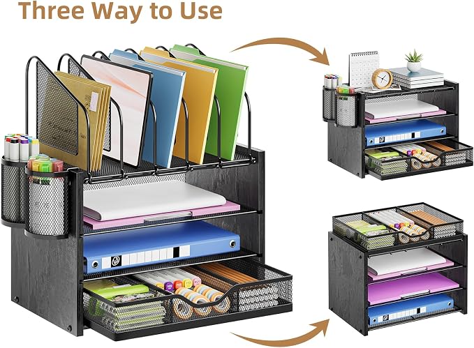 Marbrasse Desk organizer with Drawer, 4-Tier Wooden File Organizer with 5 Vertical File Holders and 2 Pen Holders, Desk Organizers and Accessories for Home Office - Black - Image 4
